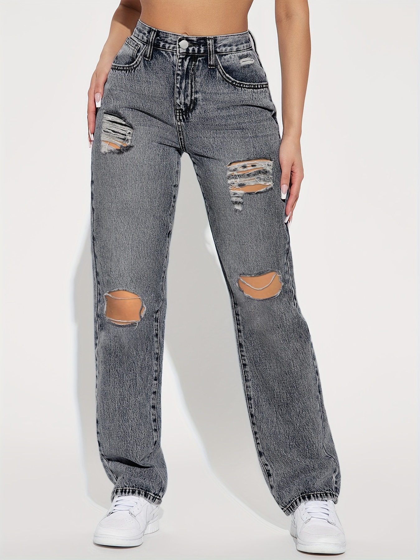 Ripped Distressed High Rise Jeans, Loose Fit Street Style Straight Denim  Pants, Women's Denim Jeans & Clothing