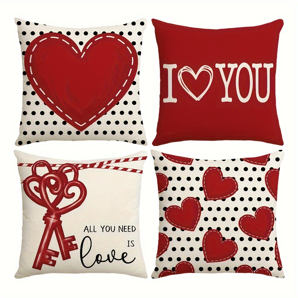

4pcs Valentine's Day Pillowcases 17.7*17.7 Inches Valentine's Day Love Key Decorative Pillowcases Suitable For Wedding Anniversary Home Sofa Decoration Without Pillow Cores