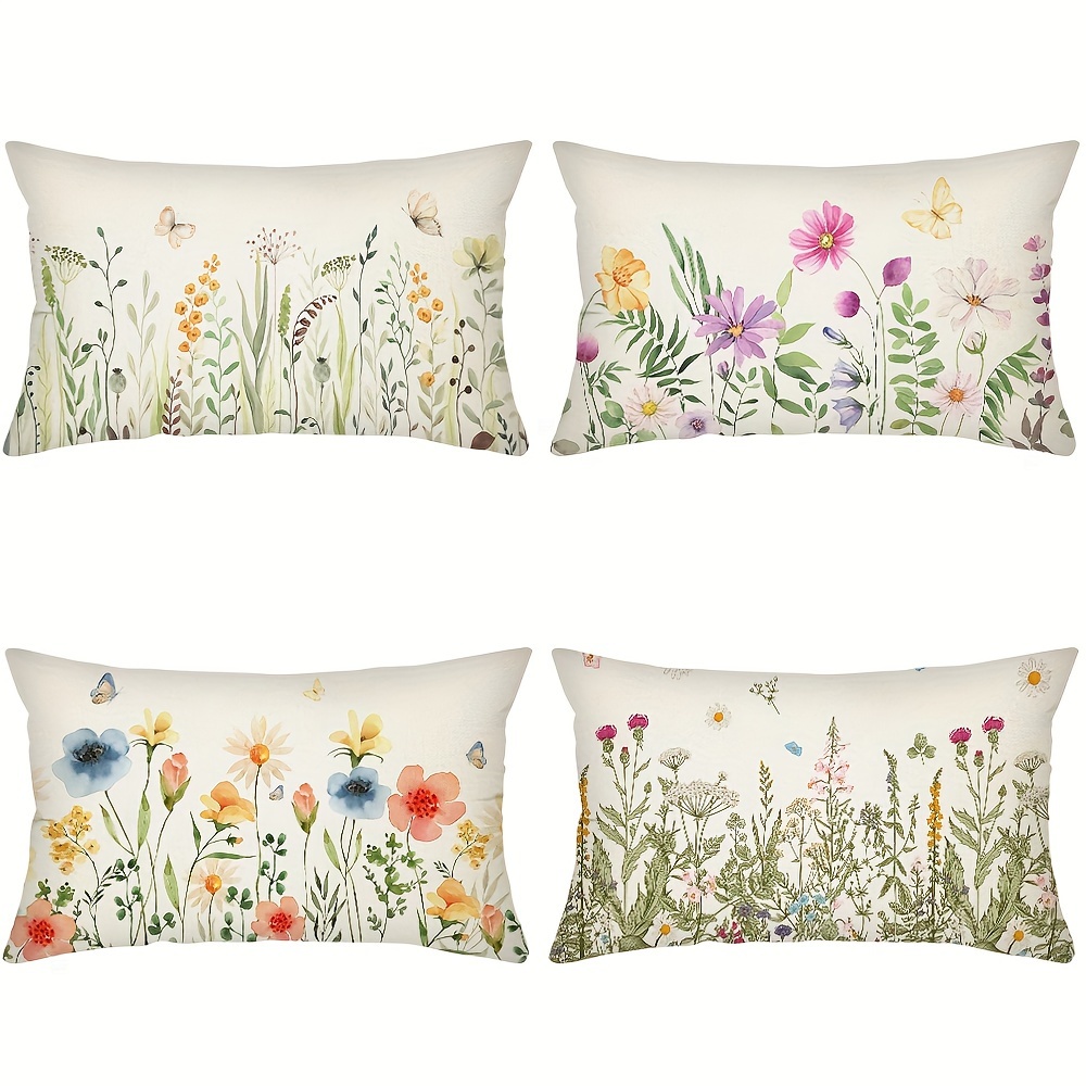

1pc Happy Spring Throw Pillow Cover, Wildflowers, Green Wild Plants And Flying Butterflies Decorative Cushion Cover, Home Decor For Sofa Bedroom Office Car Farmhouse, 12*20inch, Without Pillow Core
