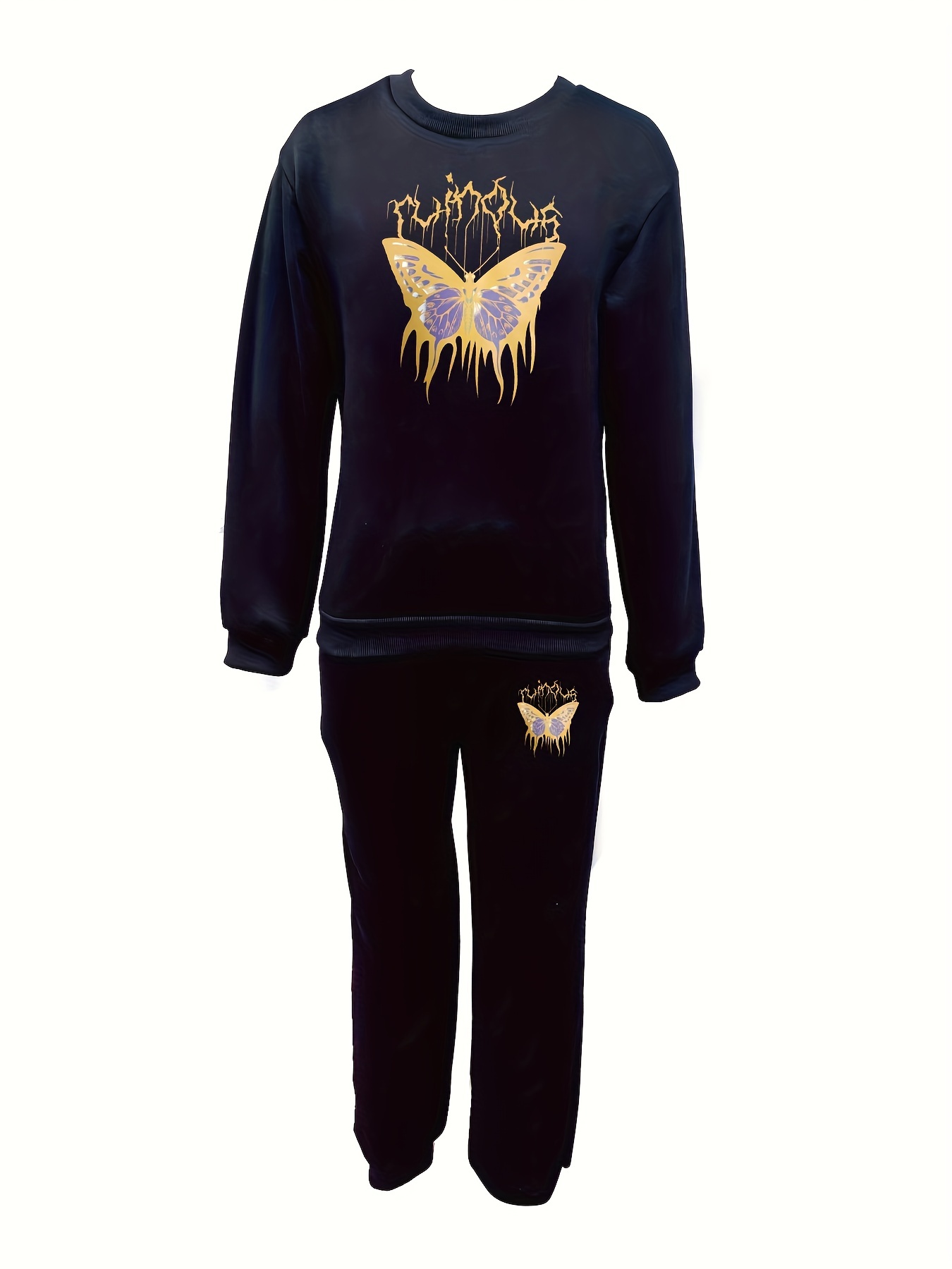 Butterfly Print Workout Set Crew Neck Long Sleeve Tops & Jogger Pants