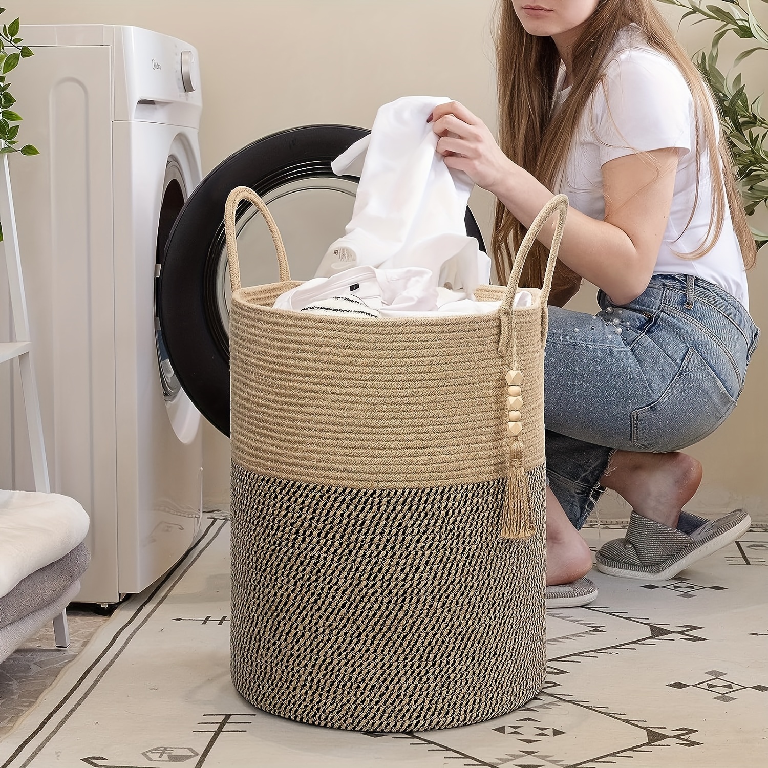 Tall Laundry Basket Woven Storage Basket Handle Blanket - Temu