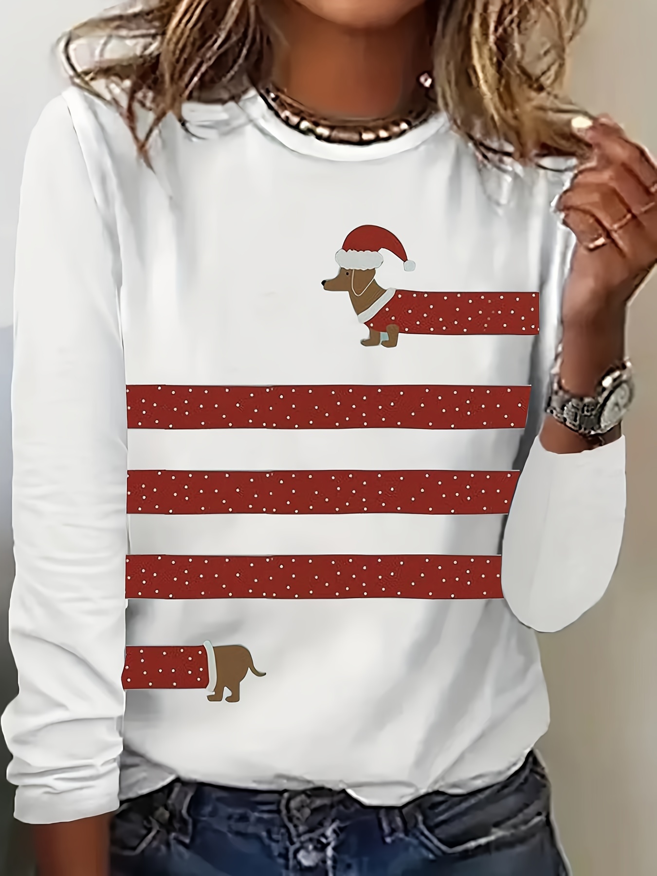 dog stripe print crew neck t shirt casual long sleeve top for spring fall womens clothing red 0