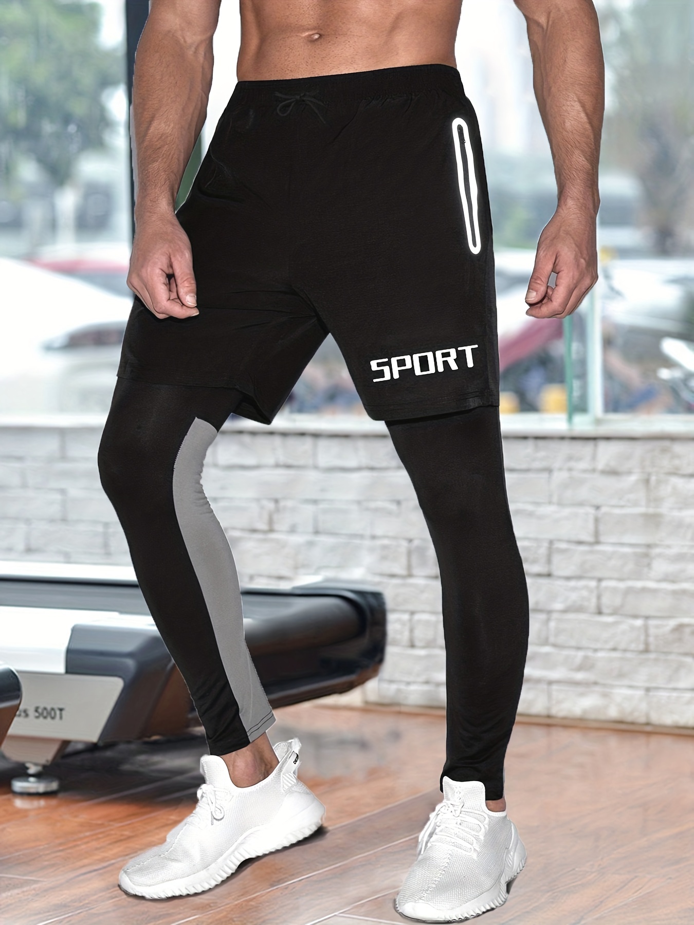 Men's Sweatpants Set, Fashion Alphabets Print Shorts & Color Block Leggings  2-in-1 Sports Stretch Pants
