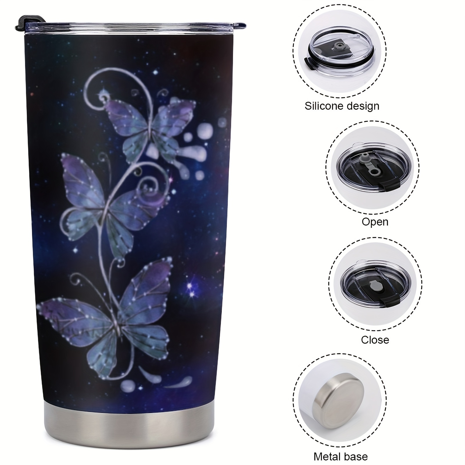 Purple Butterfly Tumbler Cup With Lid Stainless Steel Double - Temu