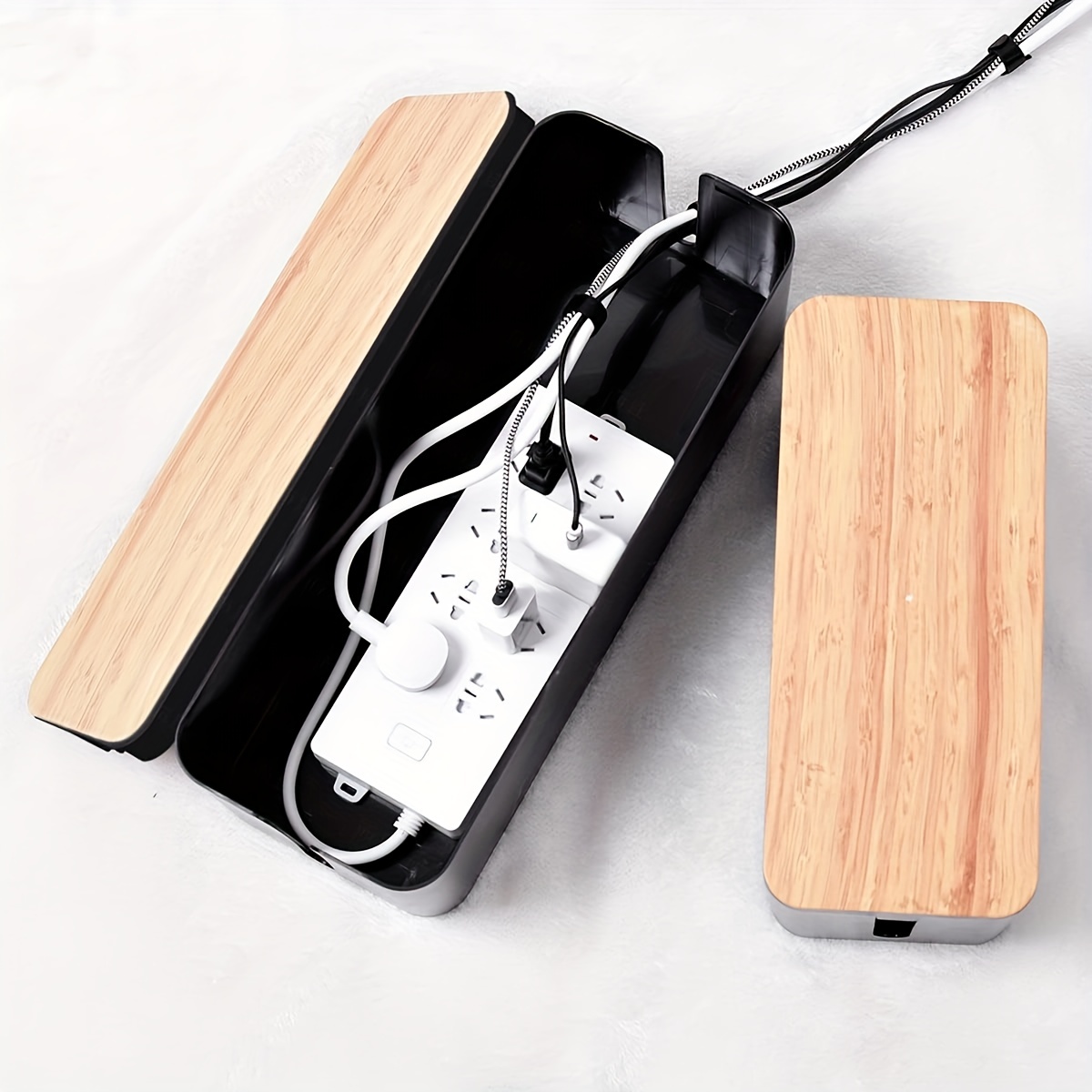 Caja de gestión de cables de bambú – Elegante caja organizadora de cables  que oculta la tira de alimentación y mantiene los cables sin enredos –
