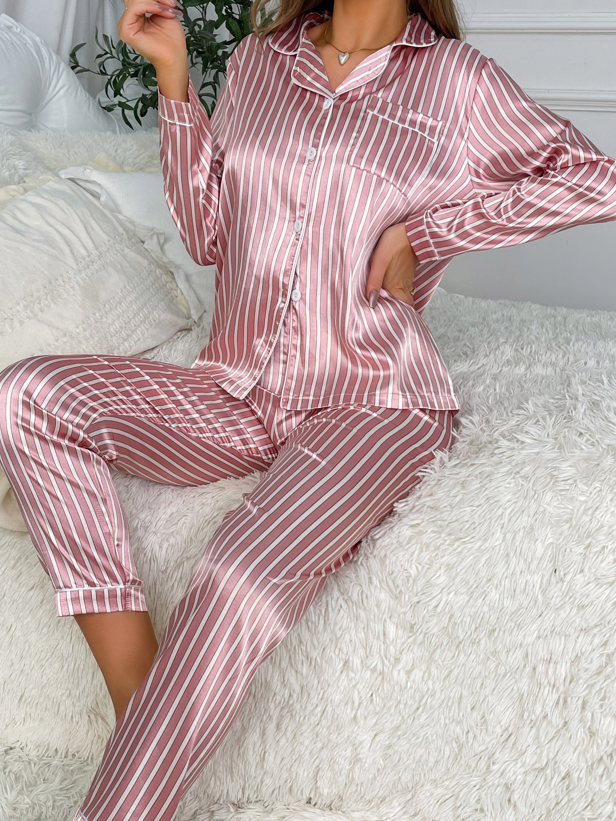Striped Satin Pajama Set Long Sleeve Buttons Top Elastic - Temu Australia