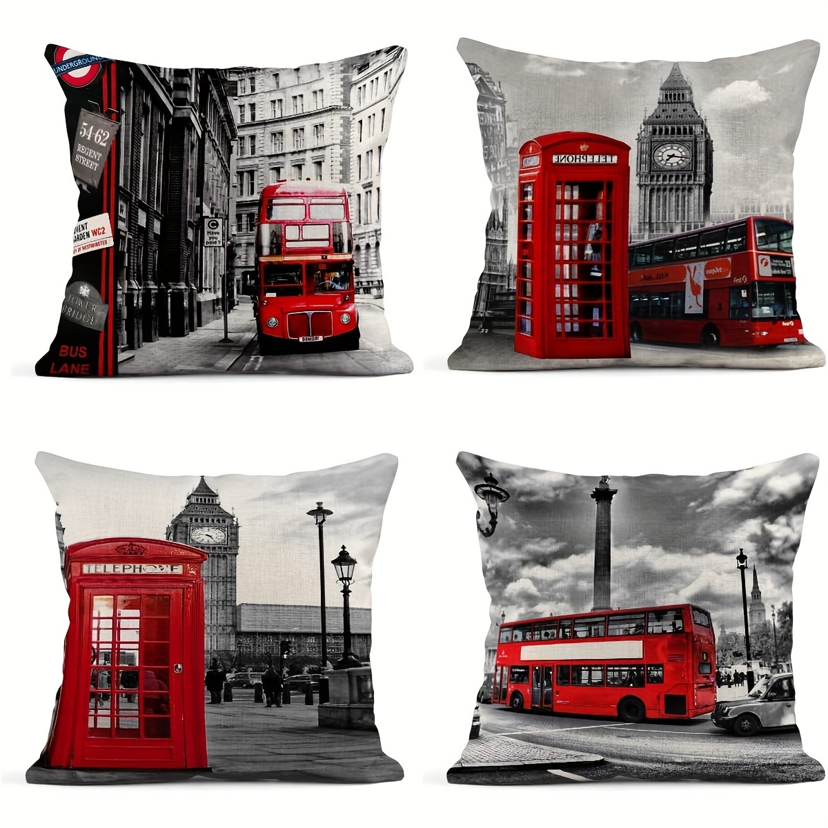 

4pcs Linen Throw Pillow Covers 18x18 Inches Home Decorative Cushion Red London Street Bus Telephone Booth Big Ben Pillow Cases Square Pillocases For Bed Sofa(no Pillow Insert)