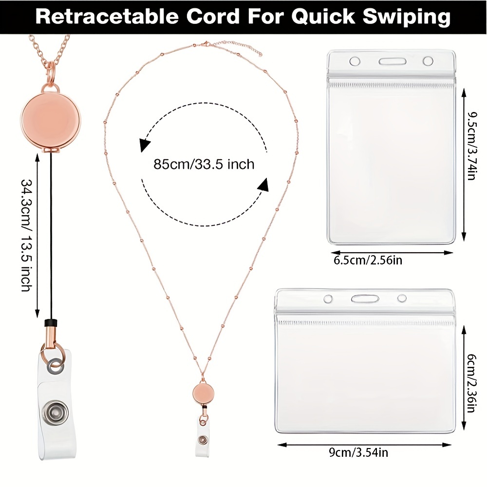 Retractable Badge Reel Lanyard with ID Holders Stainless Steel Necklaces Clip Keychain for Women Men Employee,Rose,Pcs,Clips,Hanger,Lanyards,Roll