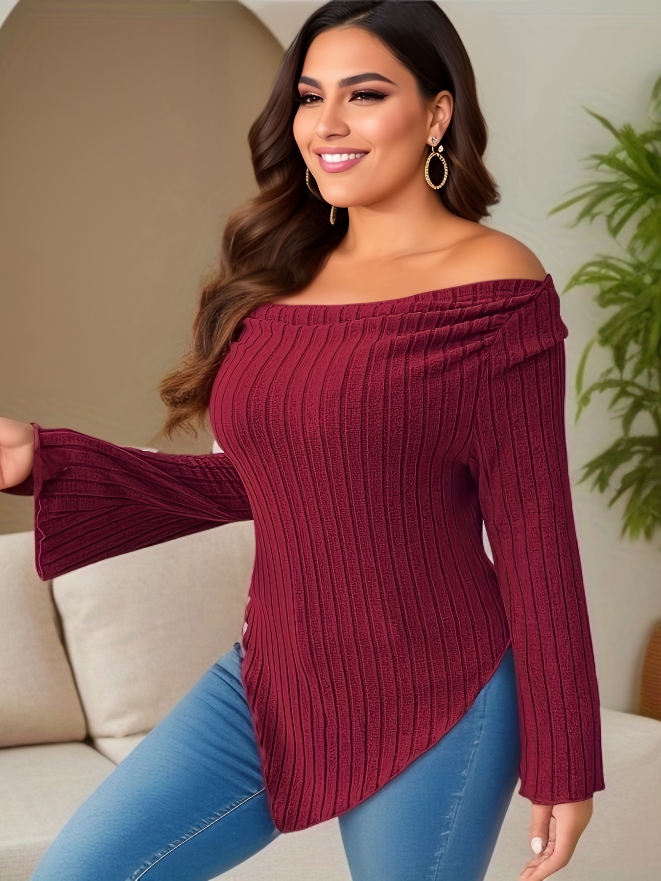 Plus Size Stylish Women Boat Neck Long Puff Sleeves Solid Casual Blouse  Tops