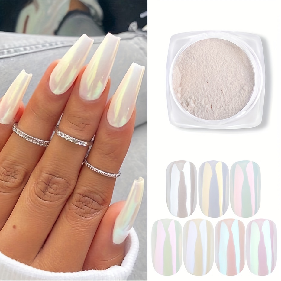 Pearl Chrome Nail Powder, Mirror Effect Aurora Magic Pearlescent White Nail  Powder High Gloss Glitter Nail Art, Holographic Ice Aurora Dust Nail Powd