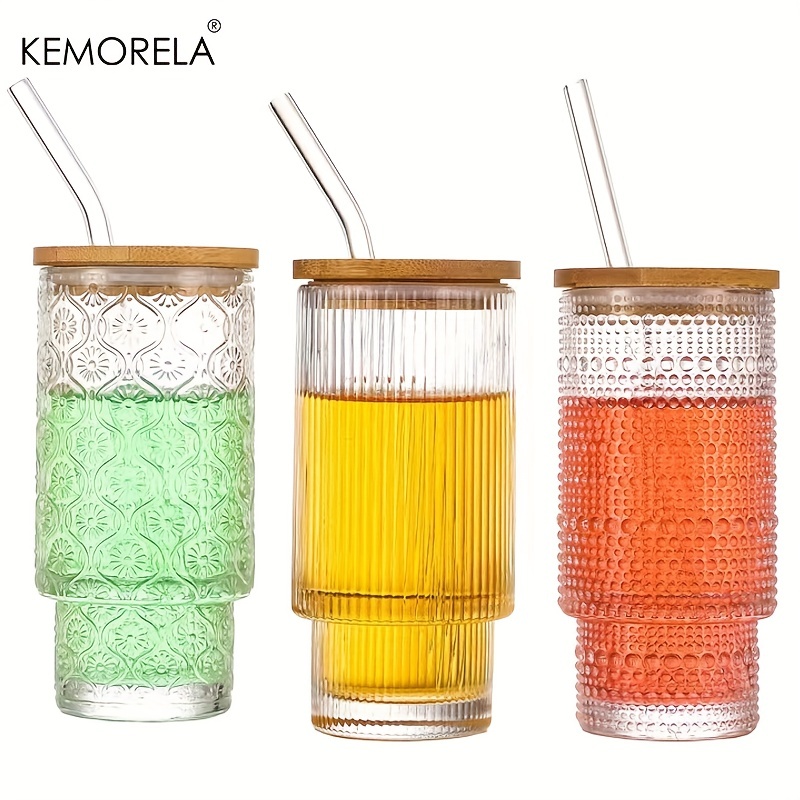 4pcs, Ribbed Glass Cups With Lids And Straws, 16oz Drinking Glasses