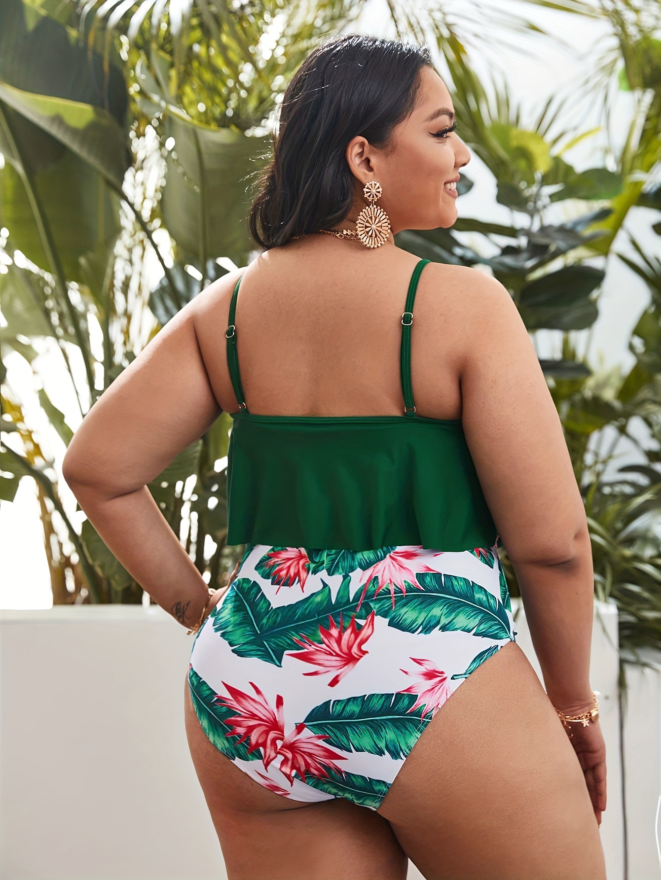 Plus Size Boho Swimsuit Women's Plus Tropical Print Zipper - Temu