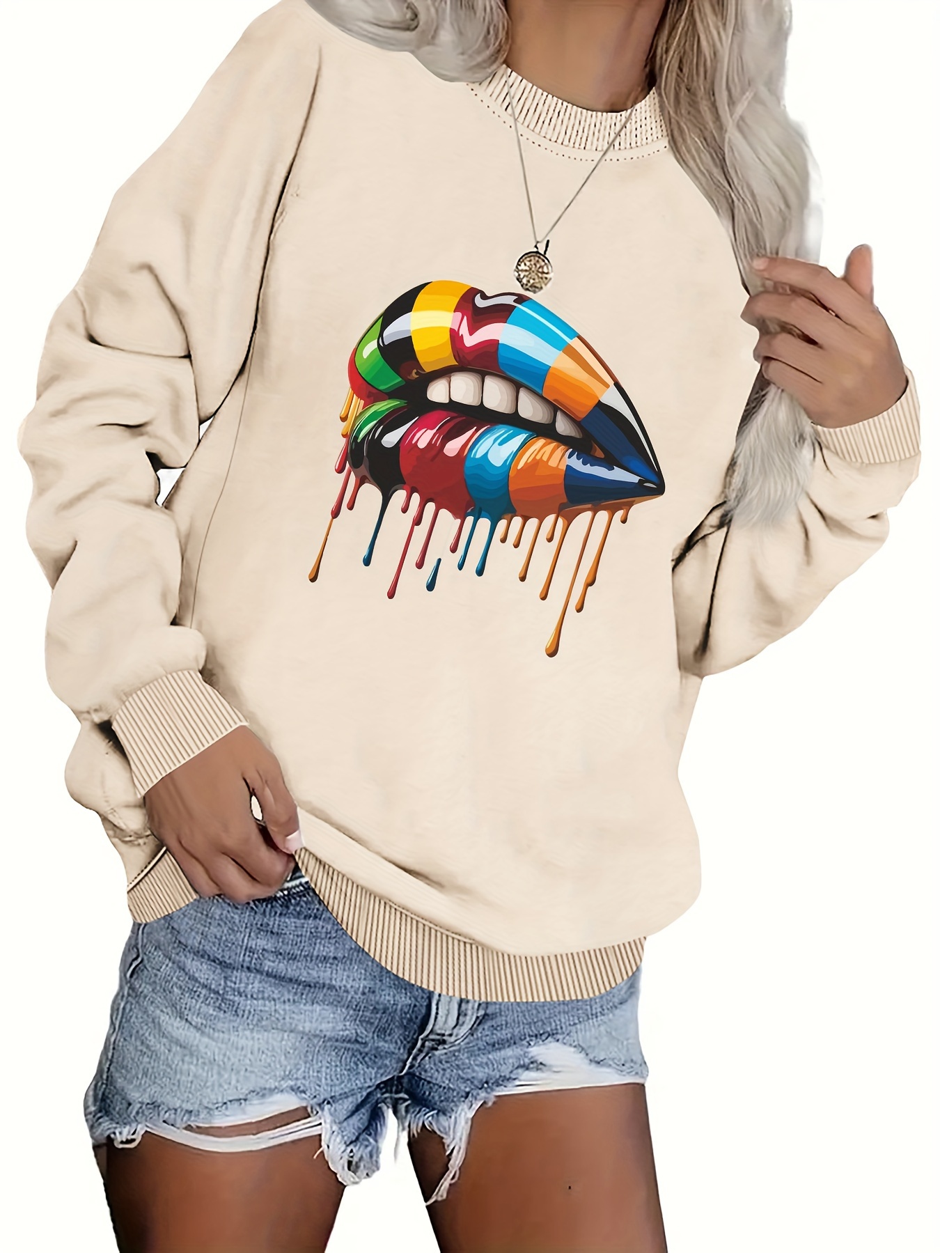 Colorful Lips Print Pullover Sweatshirt Casual Long Sleeve Temu Canada