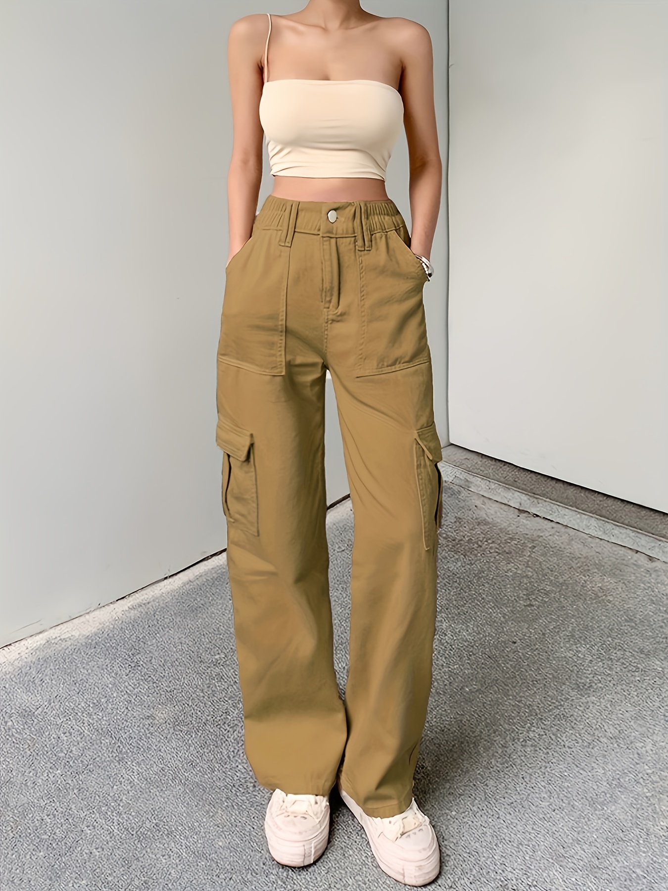 Loose Fit Cargo Pants Flap Pockets Non stretch Solid Color - Temu South  Africa