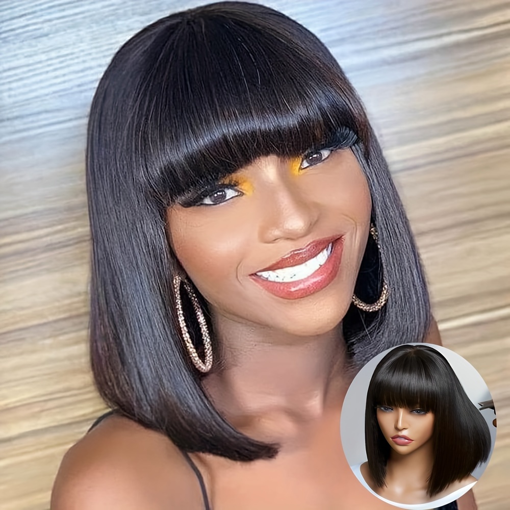 Bob Wigs With Bangs Human Hair Straight Bob Wig Human Hair Bob Wigs With Bangs Machine Made Glueless Wigs For Women Short Bob Human Hair Wigs With Bangs None Lace Front Wigs Brazilian Straight Hair