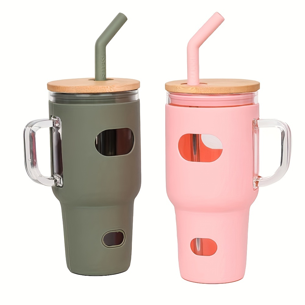 32oz Glass Tumbler With Straw And Silicone Sleeve, Large Capacity Coffee Cup  With Carrying Handle For Car, Multiple Colors Available