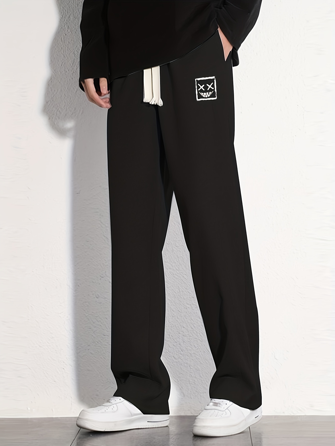 Grin Face Cotton Sweatpants Men's Casual Solid Loose Fit Drawstring Pants
