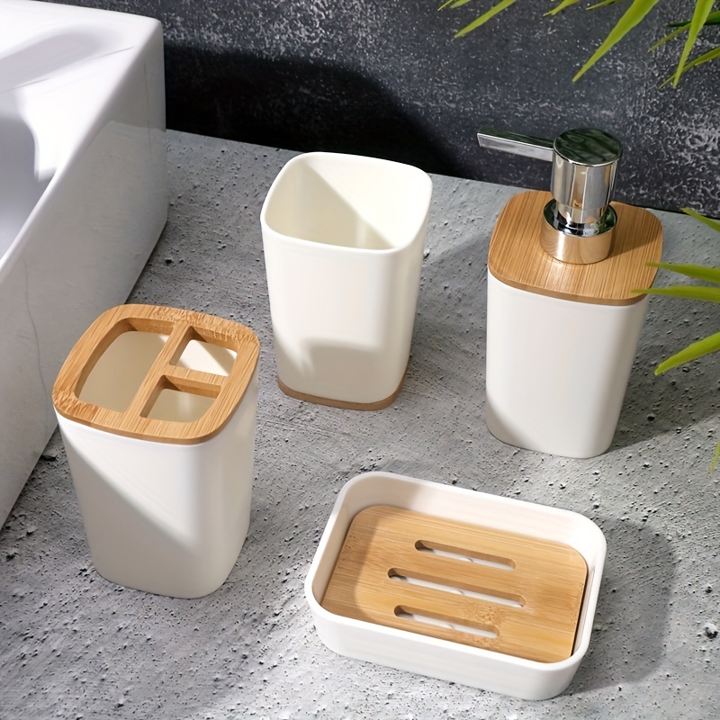Marble Style, Dark Wood Rectangular Bathroom Accessories Set with Pump  Dispenser, Tumbler, Toothbrush Holder, Soap Dish