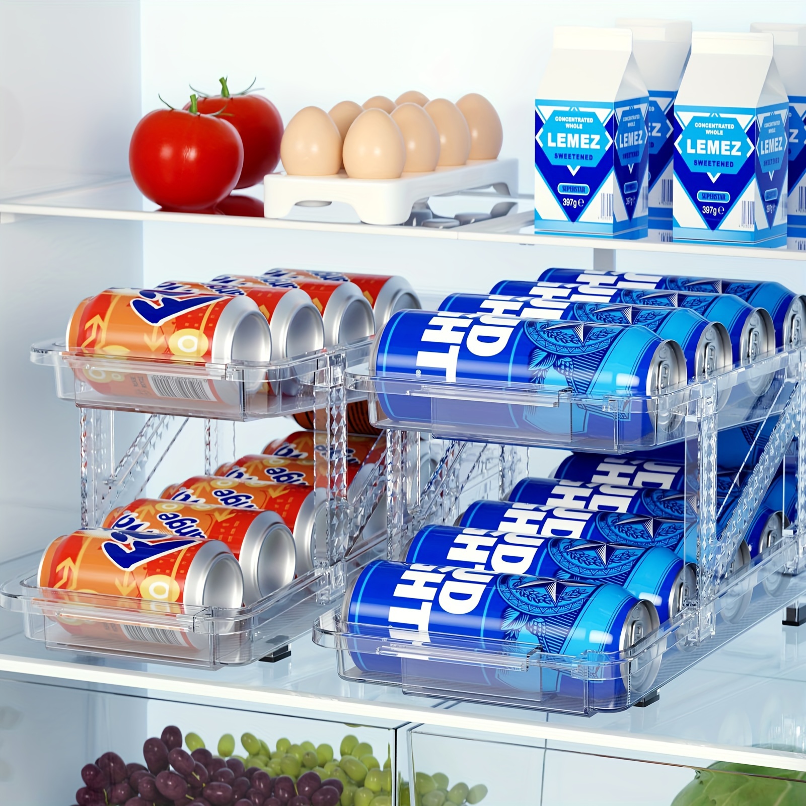 2-Tier Rolling Refrigerator Organizer Bins Soda Can Beverage