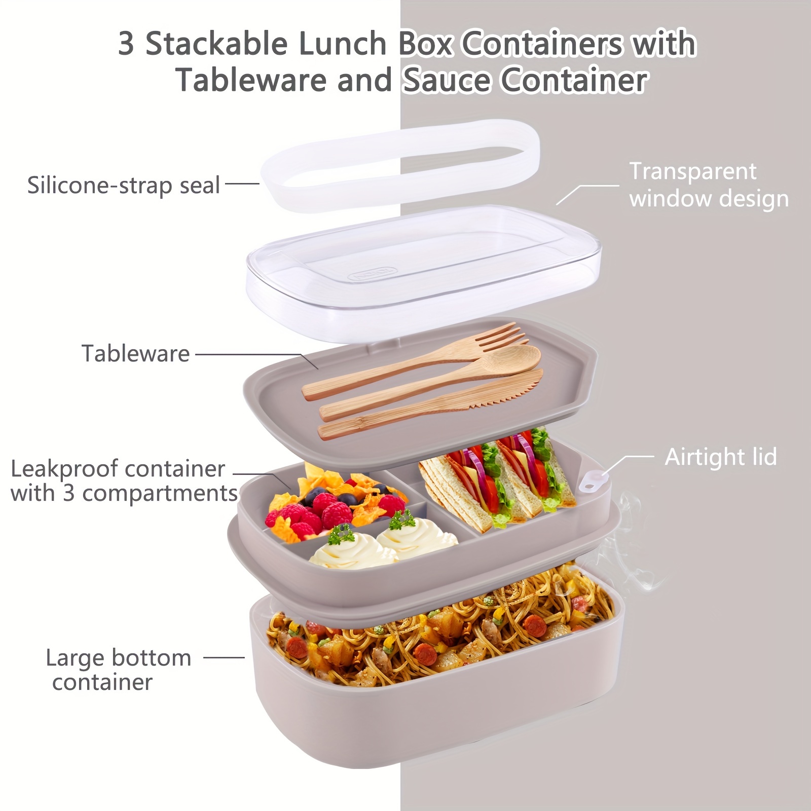 Adult Stackable Bento Lunch Box 3 Layers Leak-proof All-in-1 Bento Box  Lunchbox With Utensil Sauce