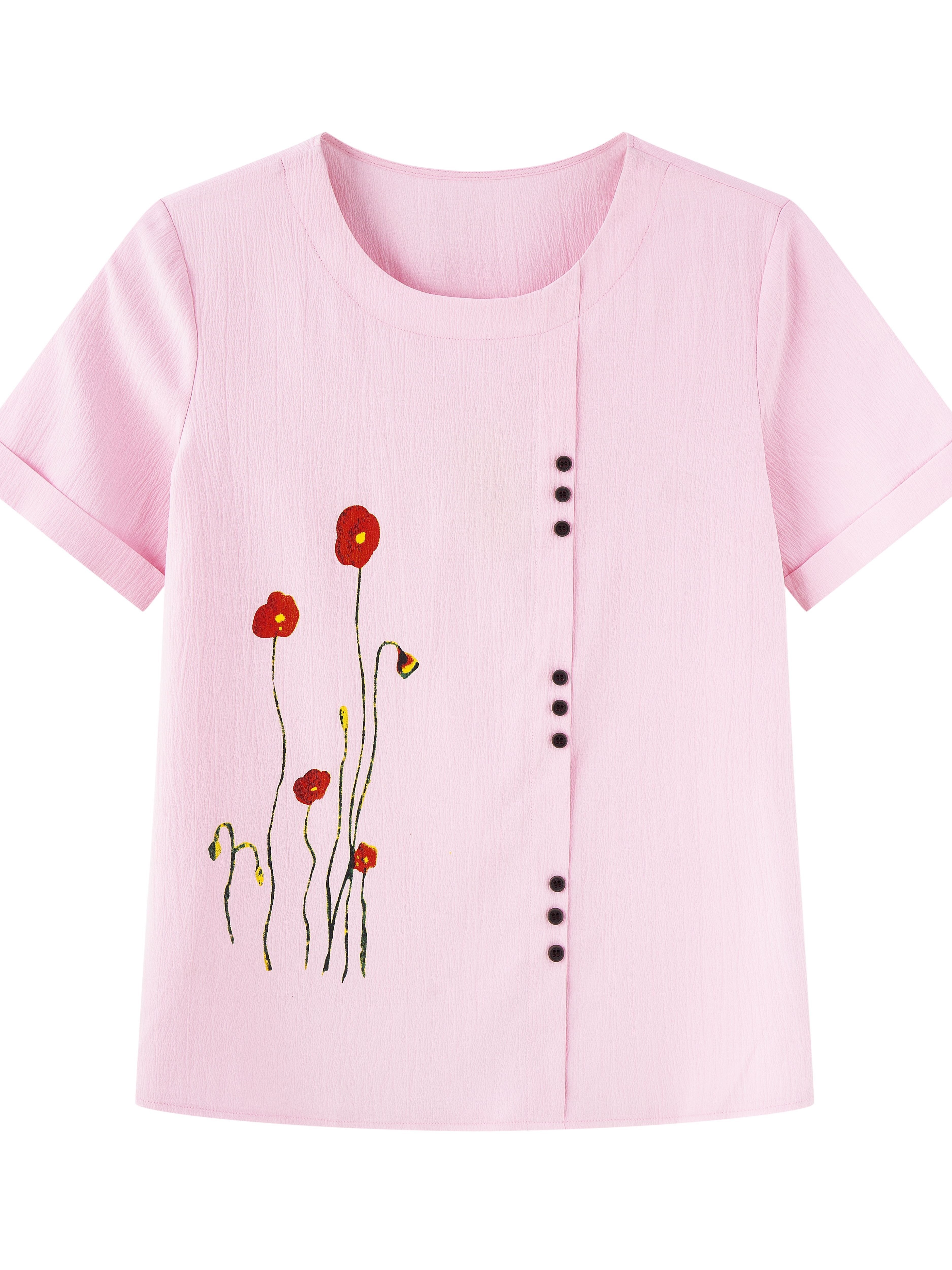 Basics - Camisa de verano para mujer, cuello redondo, botones, algodón y  lino, estampado de diente de león, manga corta, blusa (1-rosa, XL)