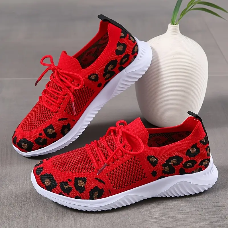 Womens Breathable Lightweight Sneakers Leopard Pattern Lace Up Running ...