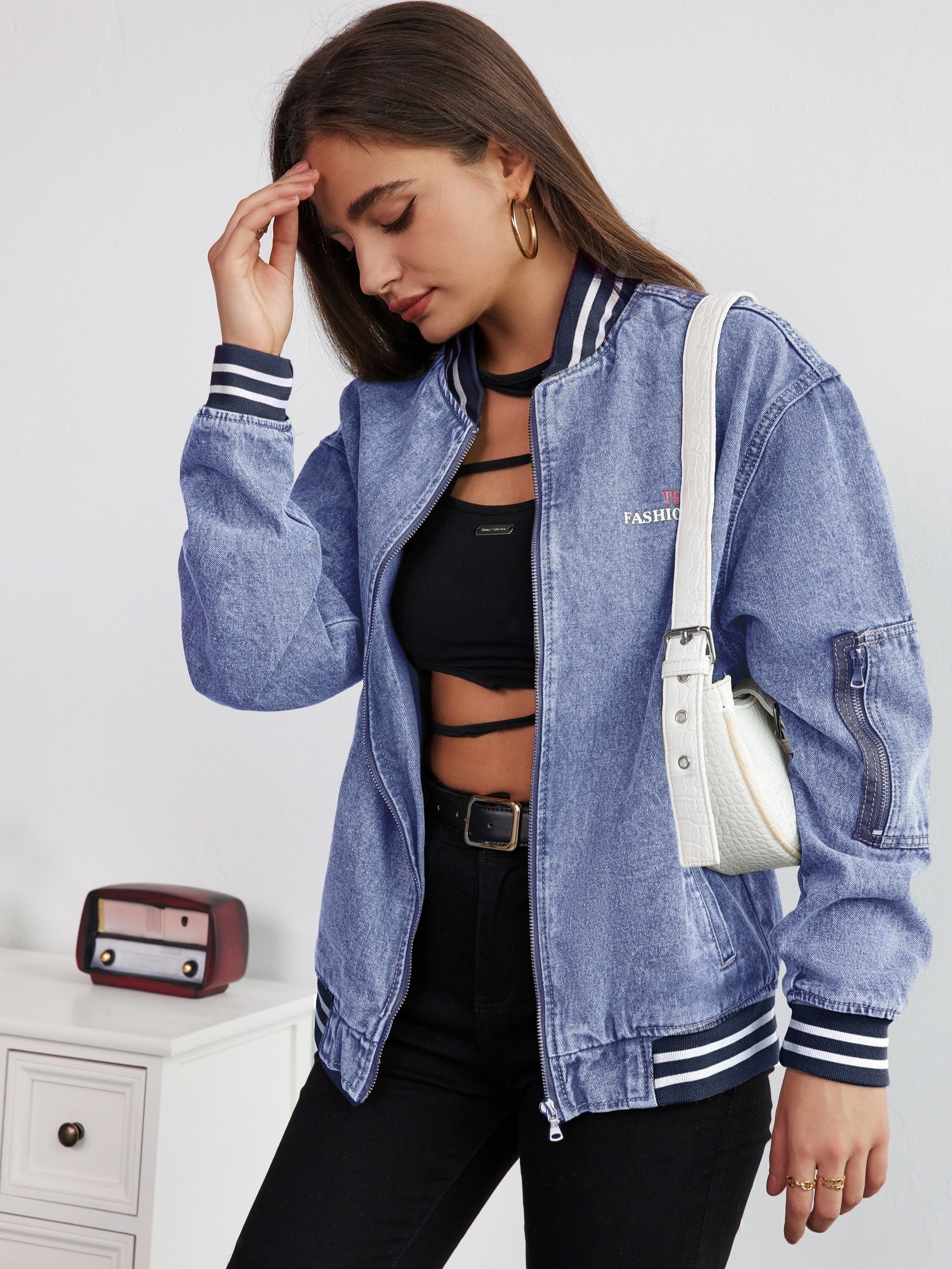 Crew neck sale denim jacket