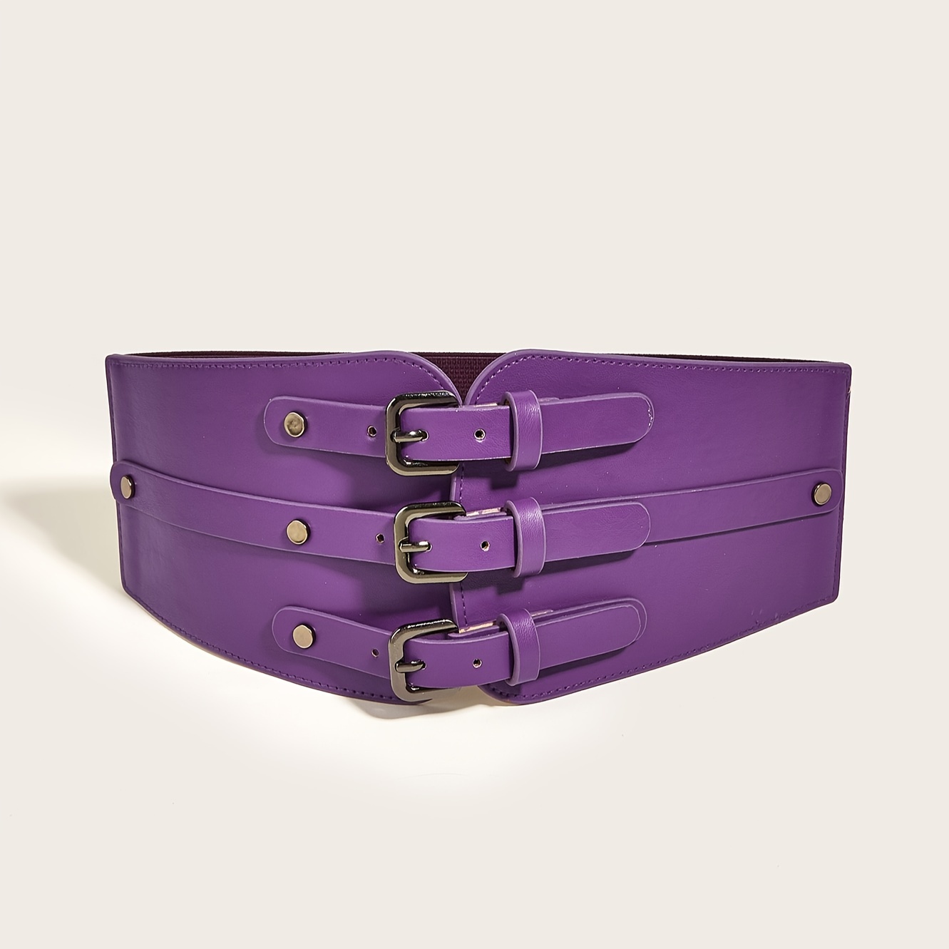 Triple Ring Buckle Wide Belts Elastic Corset Solid Color Pu - Temu