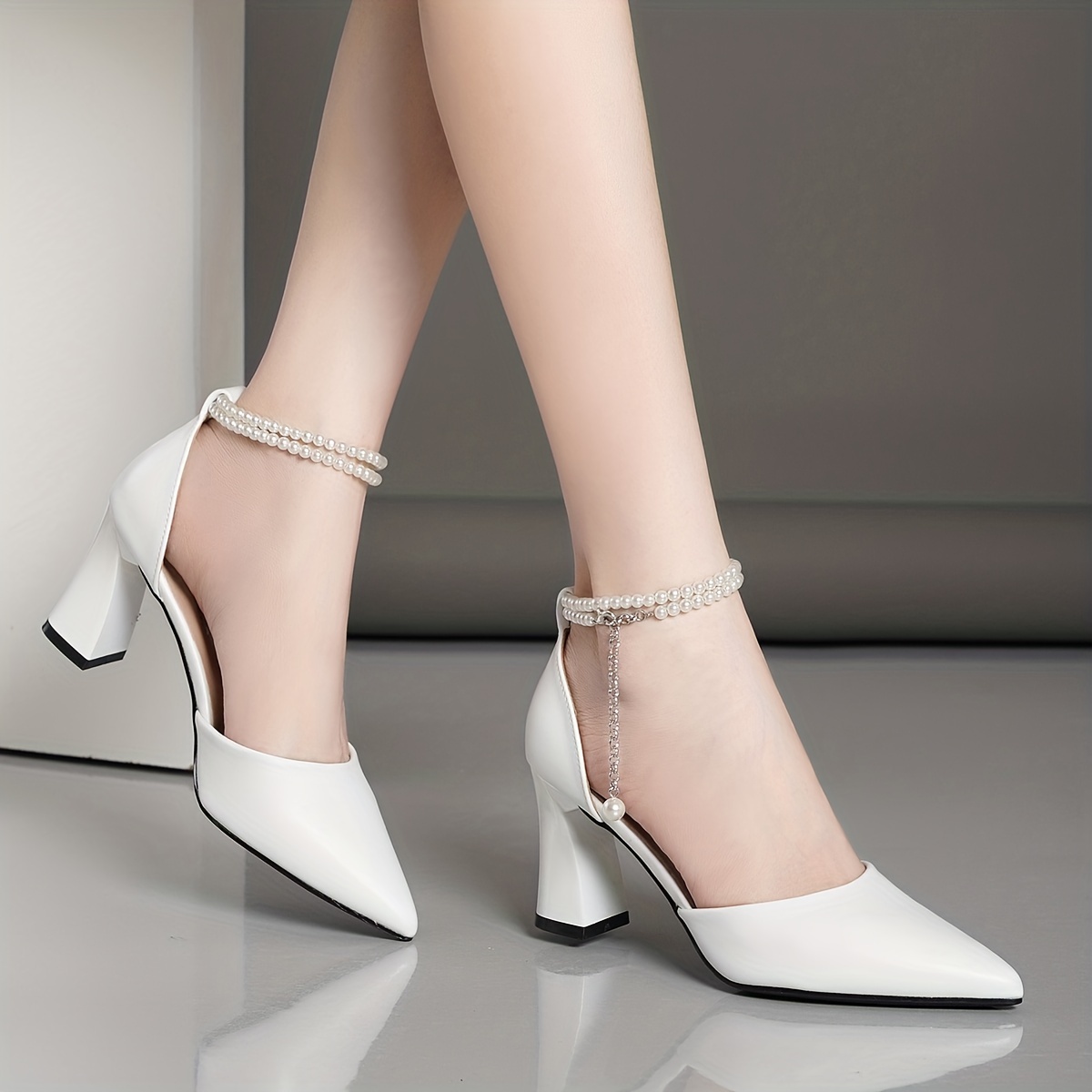 Solid Color Lace Pointed Toe Sandals, Women's Stiletto Heeled Ankle-Strap Faux Pearl Decor Stylish White Buckle Wedding Sandals,Temu