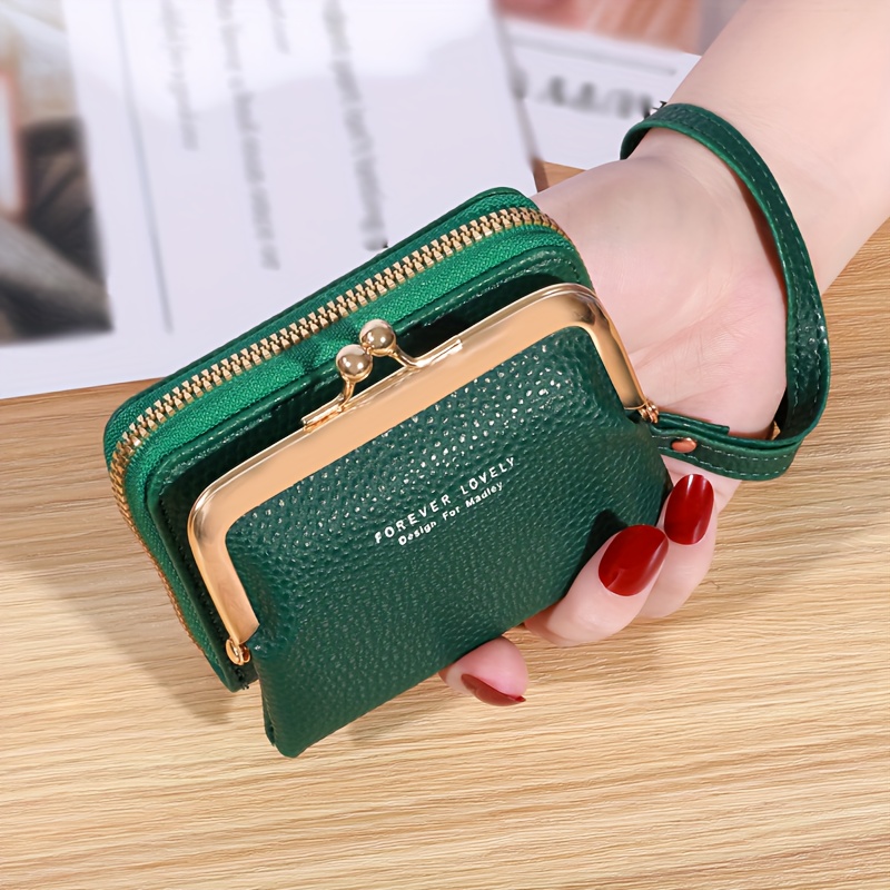 Solid Color Clutch Wallet, Credit Card Holder with Kiss-Lock & Zipper Pocket, Minimalist Purse,Women Wallet,Temu