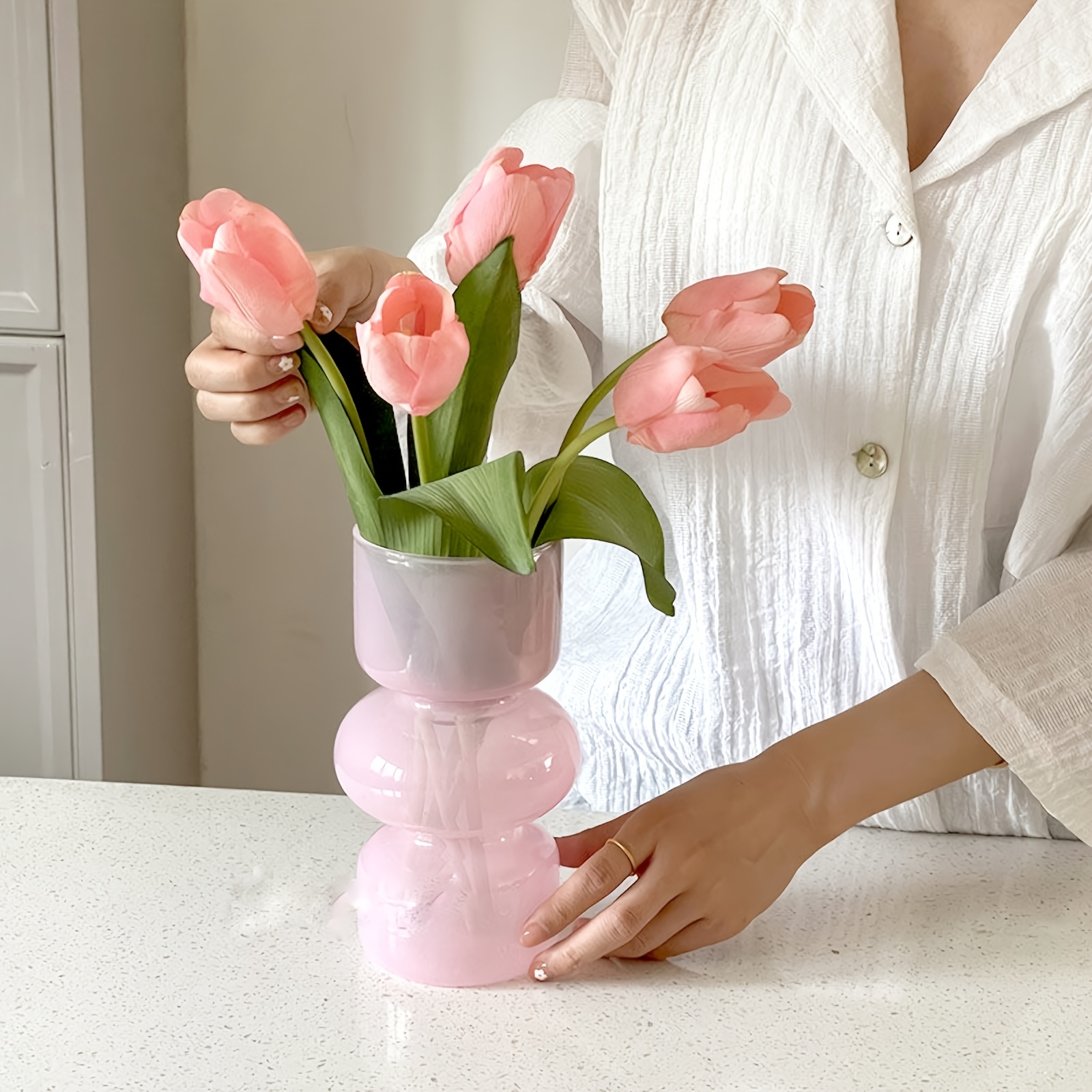 1pc, vaso rosa trasparente per fiori, vaso di vetro a bolle, vaso estetico  idroponico per tavolo da matrimonio in ufficio a casa, oggetti di scena per