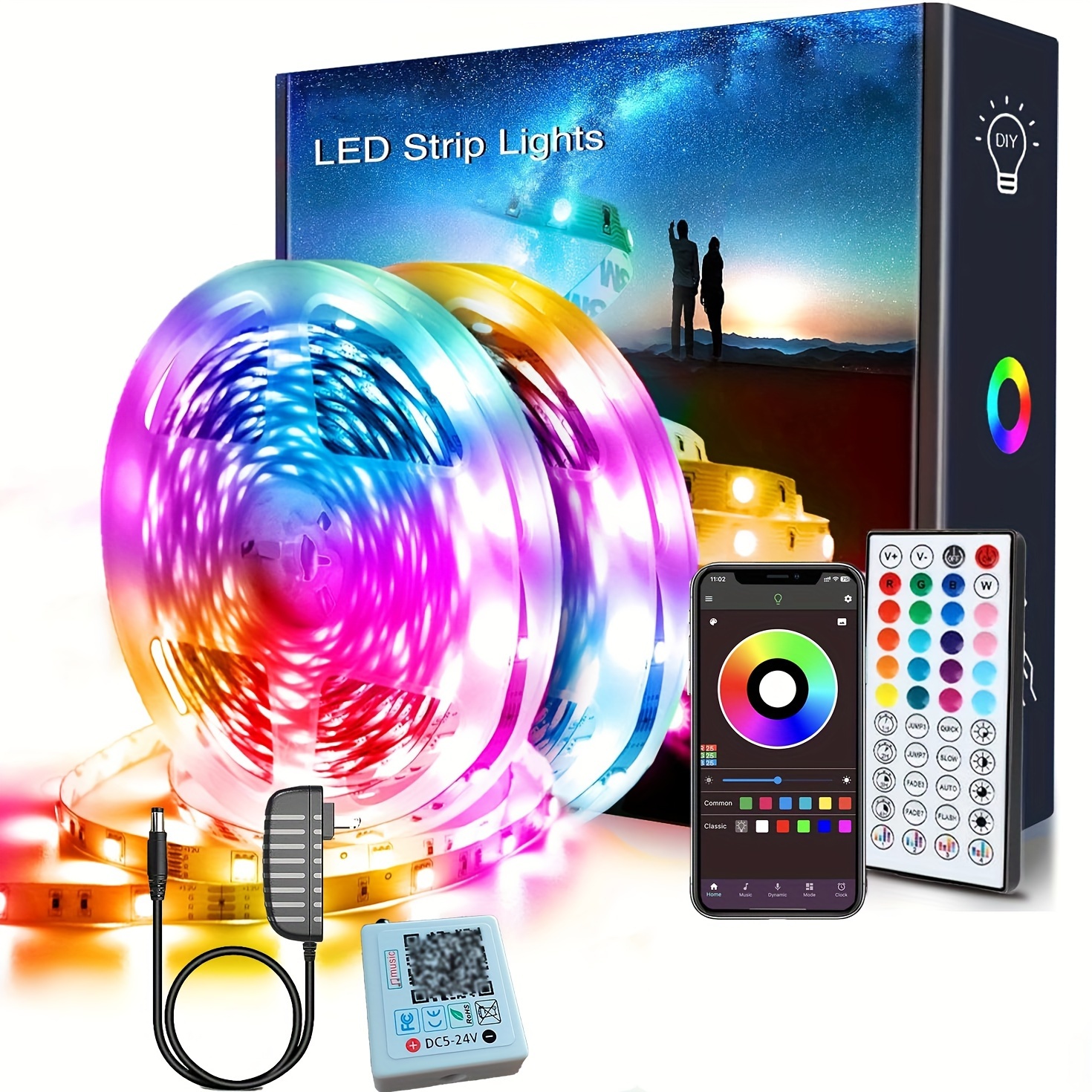  IKERY Luces LED SMD 5050 de 65.6 pies para dormitorio, 44  teclas, control remoto, tira de luces LED cortables y regulables, luces RGB  que cambian de color para habitación, juegos, Navidad