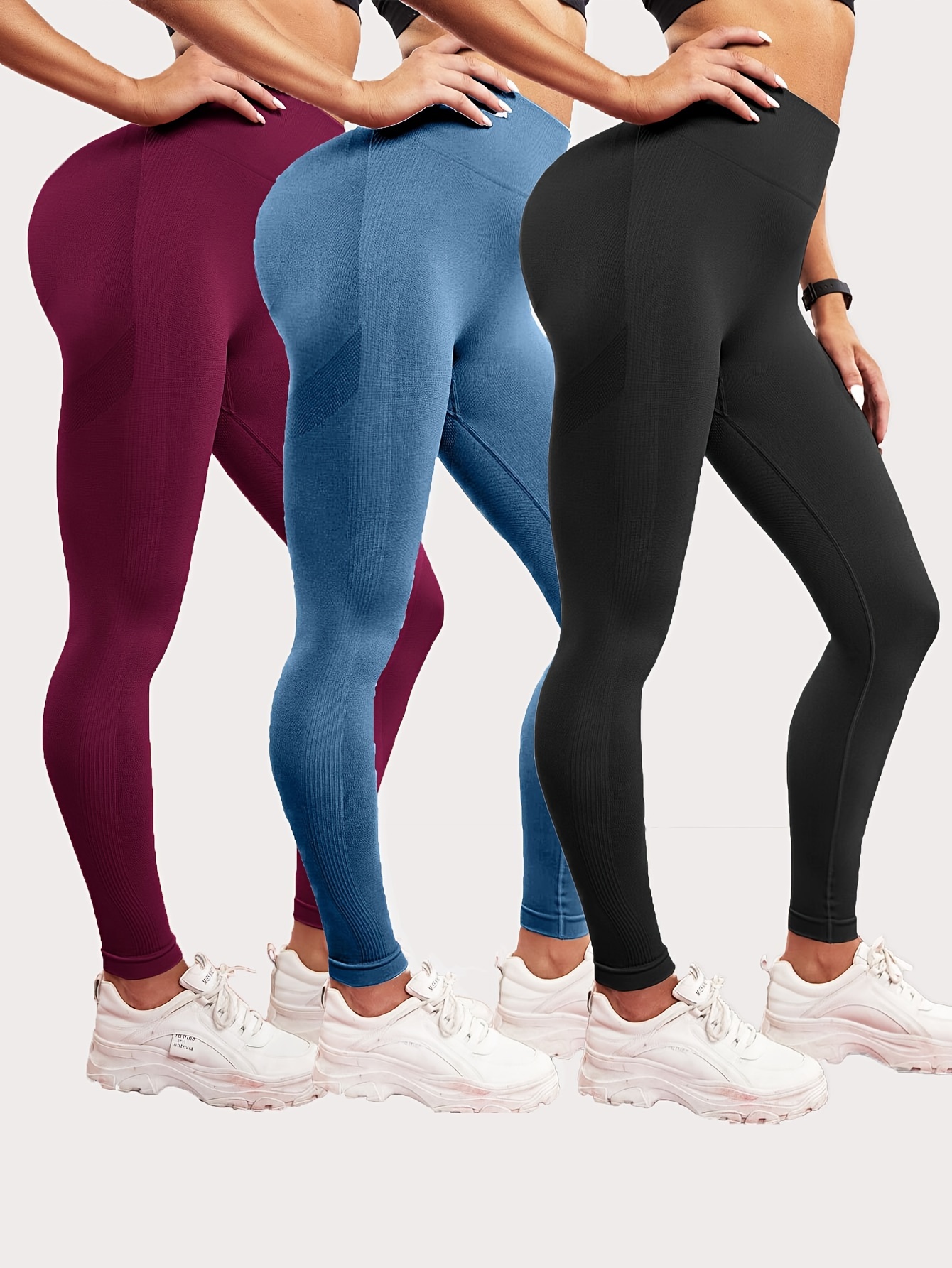 3pcs Solid Color High Waist Seamless Yoga Pants, High Stretch