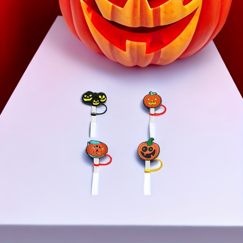 4pcs Cute Silicone Halloween Series Pumpkin Straw Dust Cover Cap For 8-10mm  Diameter Straws