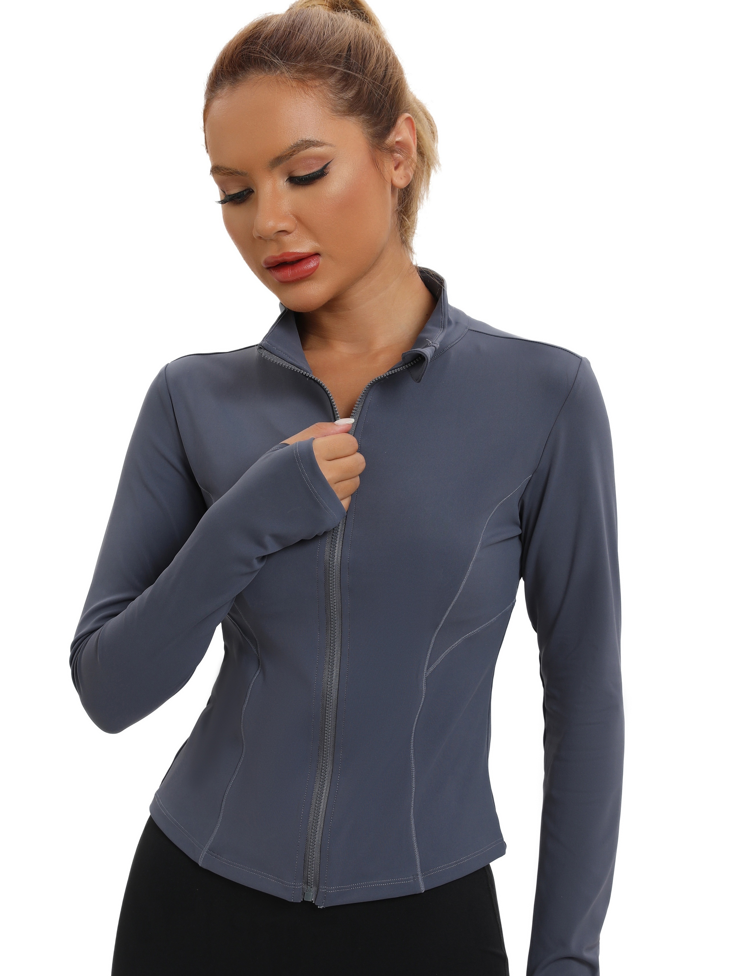 Women's Solid Color Long Sleeve Athletic Top With Thumb Hole, Full Zip Up  Crop Jacket For Yoga Running Fitness Gym, Women's Activewear