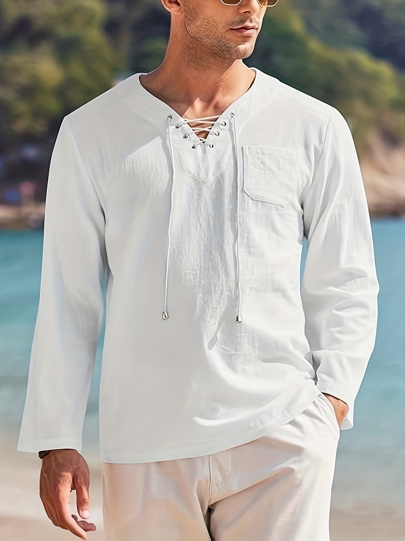 Men's Linen Shirt Medieval Retro Lace-up V-Neck Gothic Long Sleeve T-Shirts  Hippie Casual Summer Ethnic Beach Yoga Top