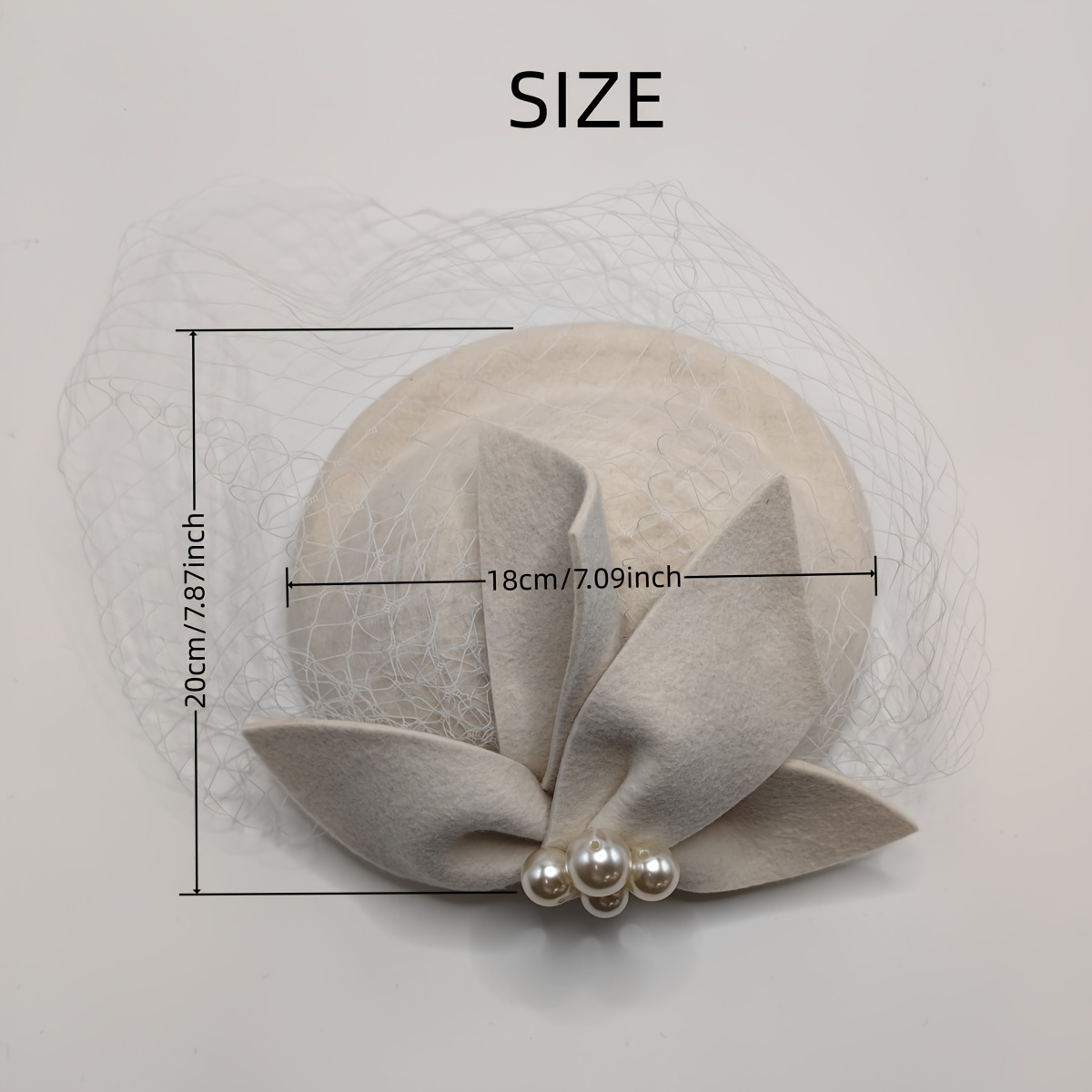 elegant wool fascinator hat veil pearl accent light beige - Temu display picture 2