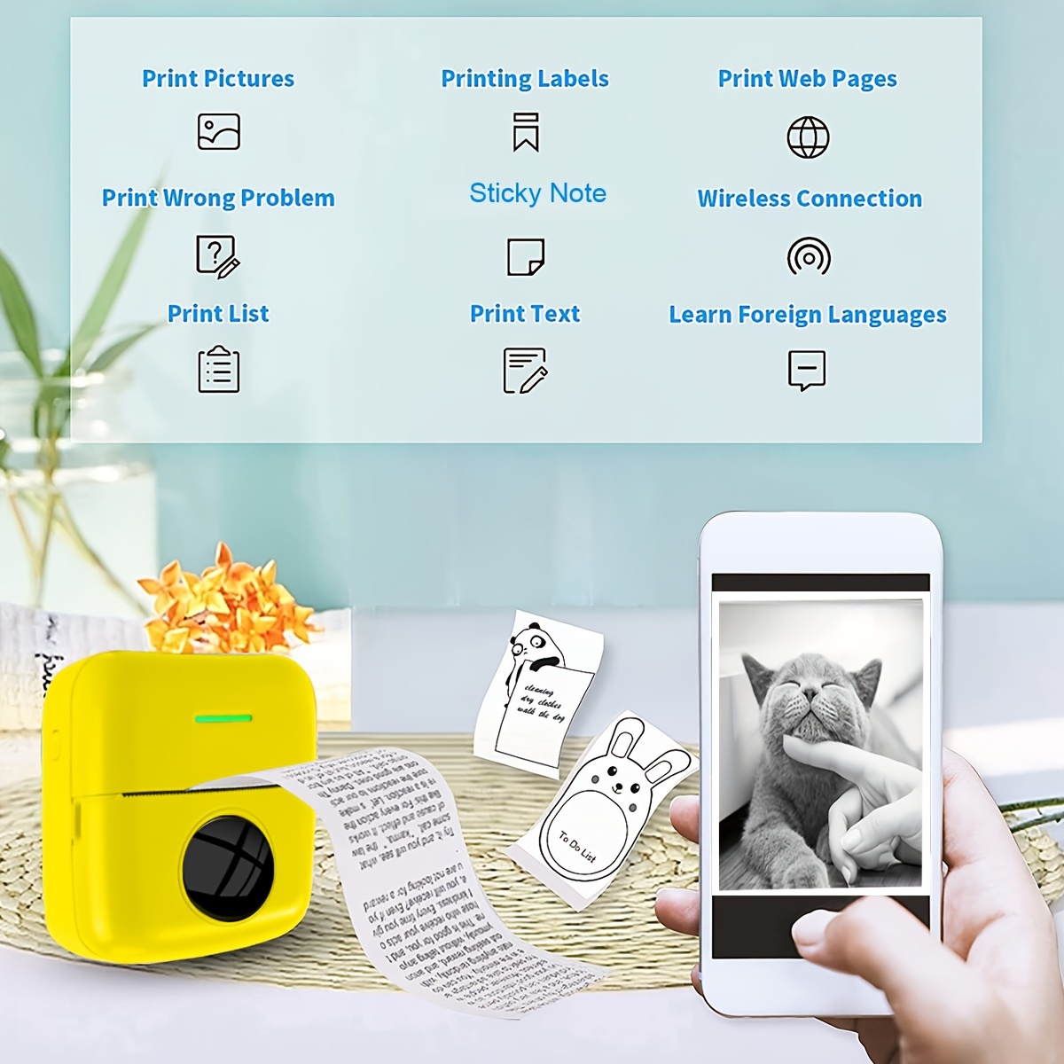 Mini impresora portátil para smartphone, impresora térmica inalámbrica con  7 rollos de papel, impresora de bolsillo sin tinta Bluetooth inteligente
