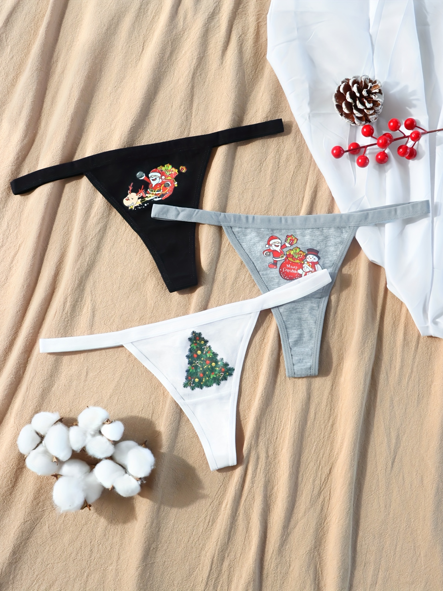 3 Pack Plus Size Christmas Cute Panties Set, Women's Plus Christmas Hat &  Snowflake & Lollipop Print Contrast Binding Low Waisted Briefs 3pcs Set