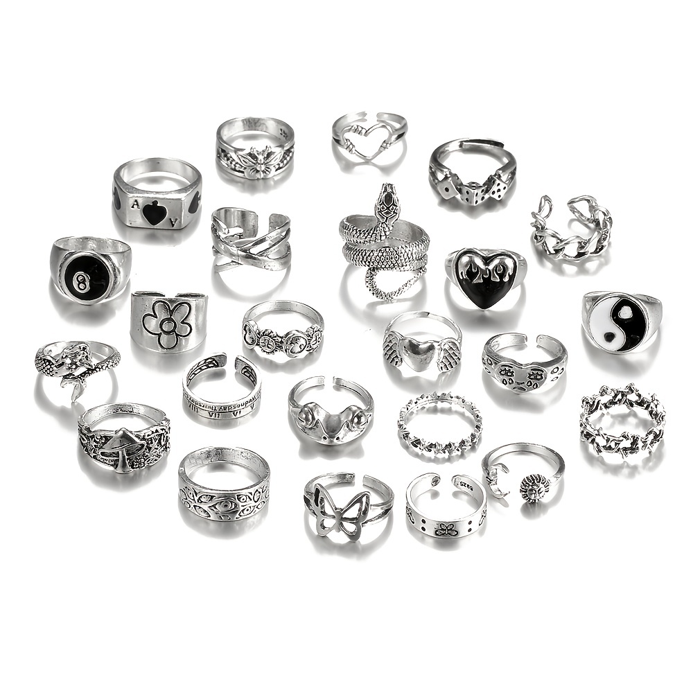 24pc Antique Silvery Vintage Stackable Ring Set, Punk Style