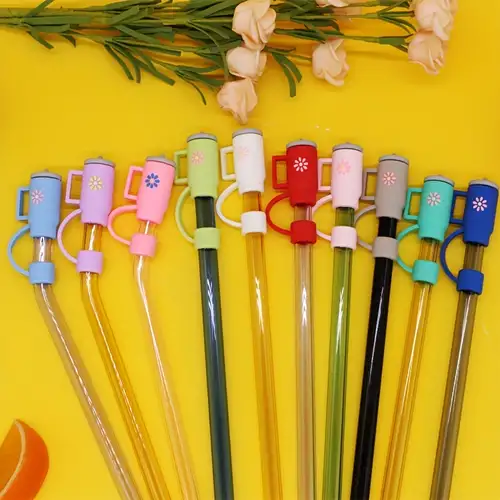 Straw Cover Cap for Stanley Cup,Silicone Straw Topper,10mm 0.4in Dust-Proof  Reusable Straw Tips Lids,Straw Tip Covers for Stanley Cups Accessories  (6pcs Rainbow Flower Strawberry) 