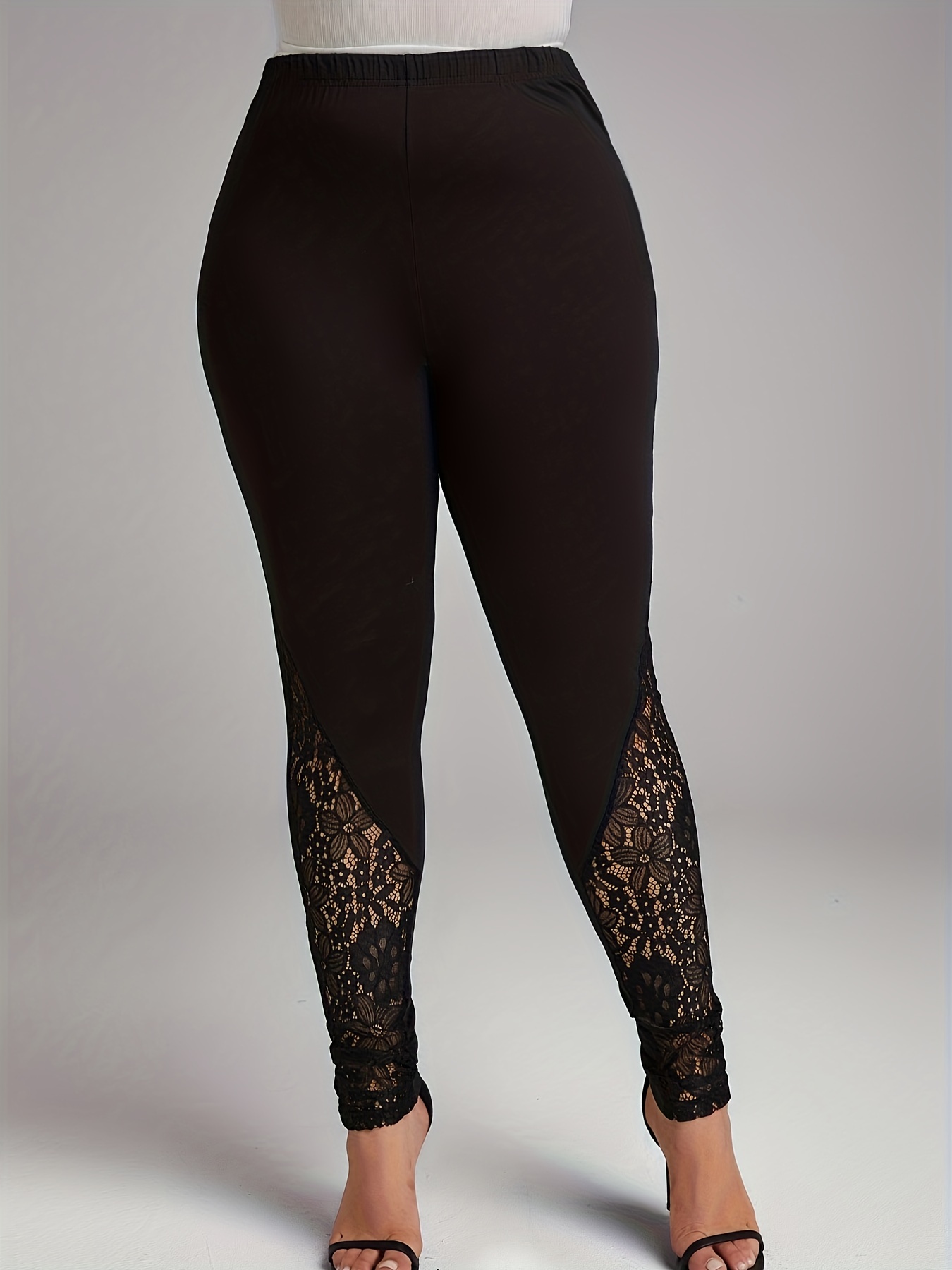 Plus Size Sports Leggings, Women's Plus Solid Contrast Lace Skinny High  Stretch Leggings