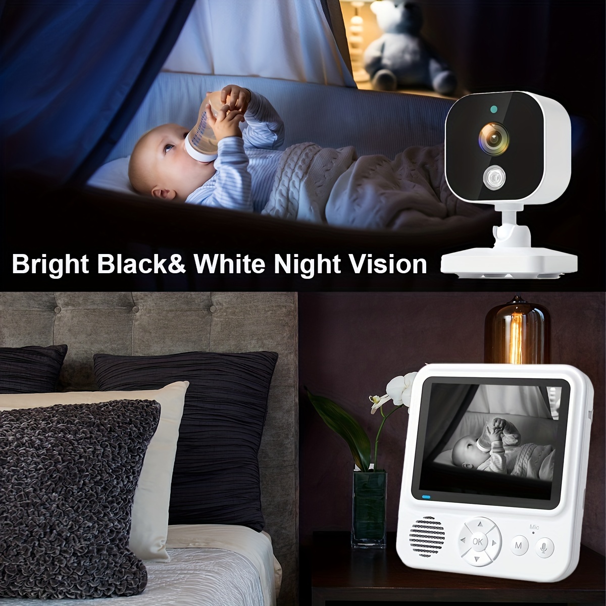 Video Baby Monitor with Camera and Audio - Auto Night Vision,Two-Way Talk,  Temperature Monitor, Lullabies, 960ft Range and Long Battery Life 12
