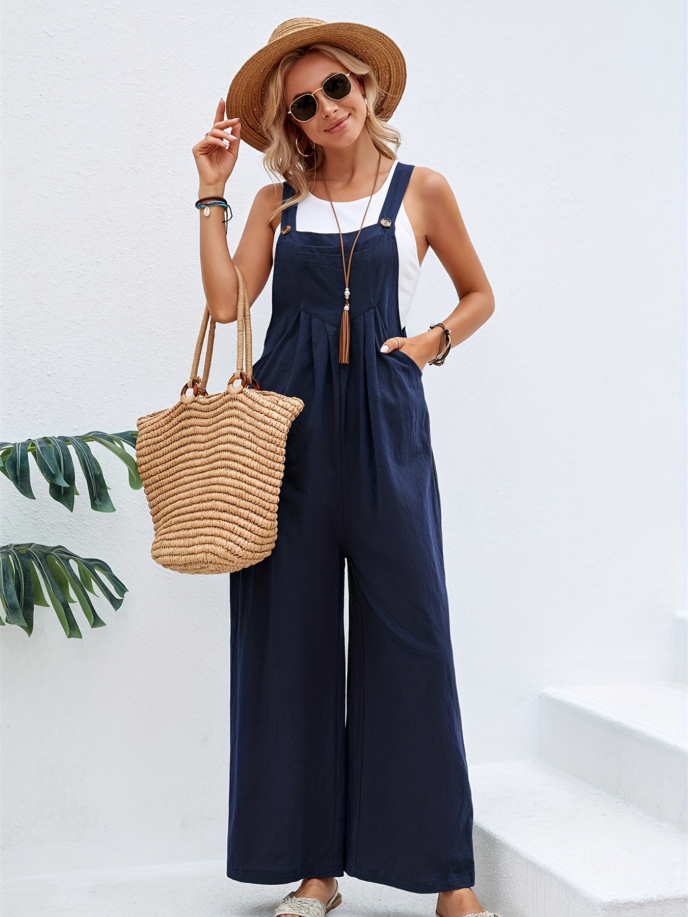 UXZDX Spring and Summer Fashion Jumpsuit Ladies Ankle Trousers Loose Casual  Solid Color Deep V-Neck Loose Pocket Jumpsuit (Color : B, Size : Large) :  : Clothing, Shoes & Accessories