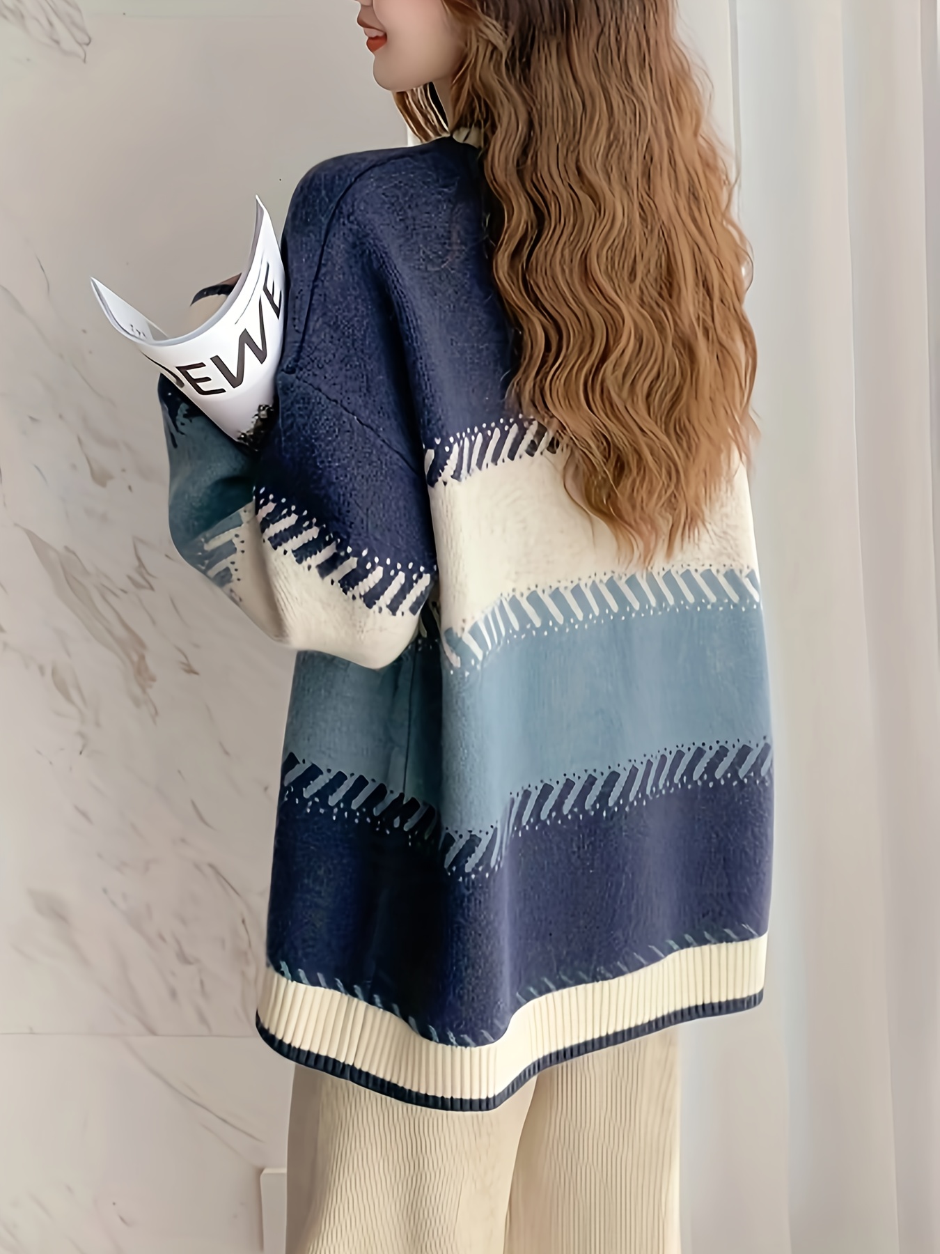Women V Neck Sweater Knitted Pullover Mixed Color Long Sleeve School Style  Comfy