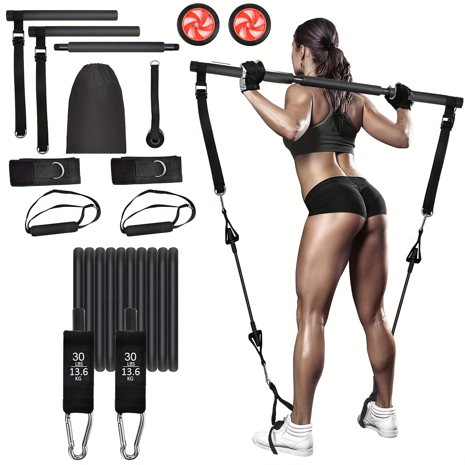 1 Set Belly Wheel, Pilates Stick, Multi-functional Fitness Pull Rope,  Portable Home & Gym Exercise Device, Yoga & Pilates Equipment, Equipped  With 15