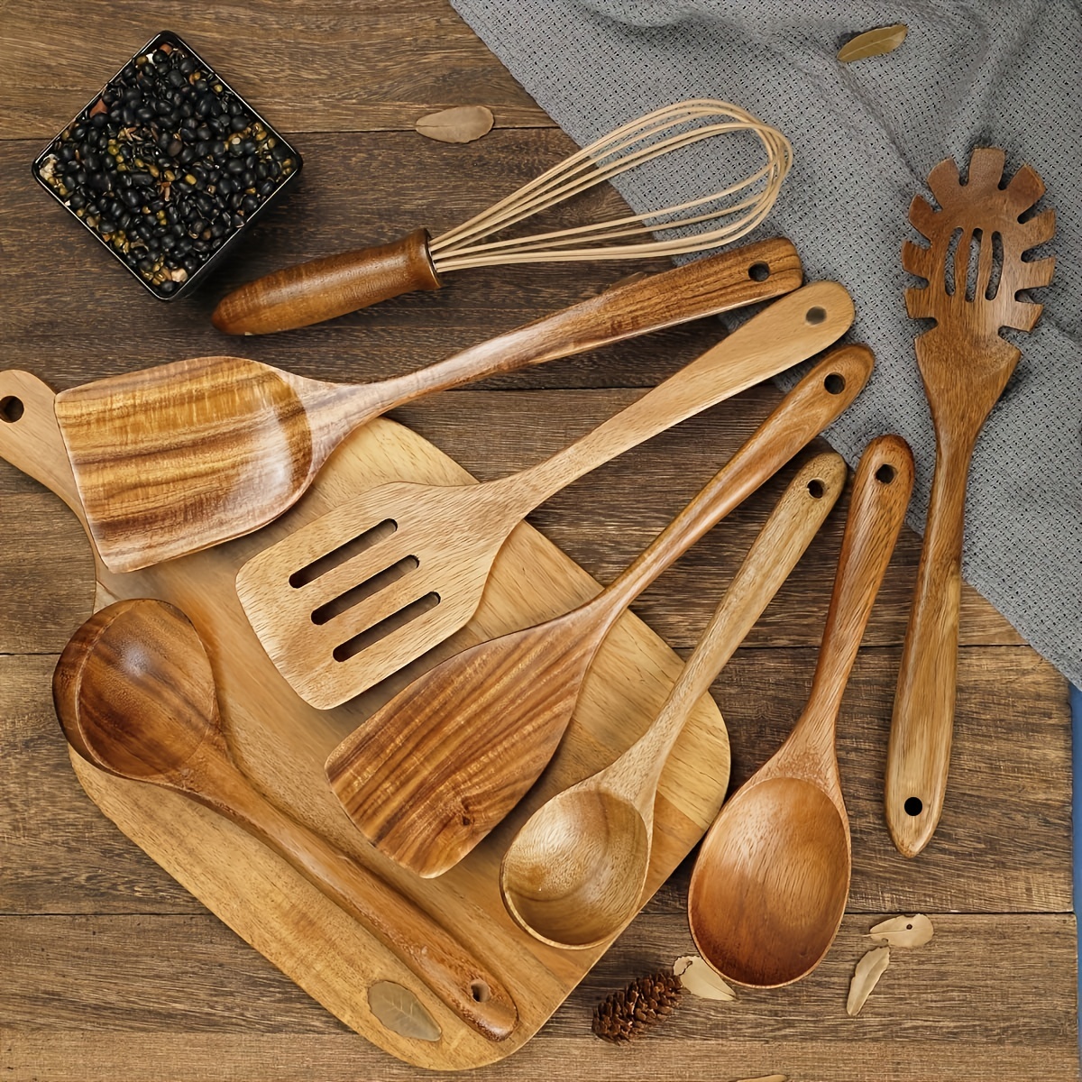 Cucharas de madera para cocinar, juego de 10 utensilios de cocina de madera  de teca, utensilios de cocina de madera para sartenes antiadherentes y