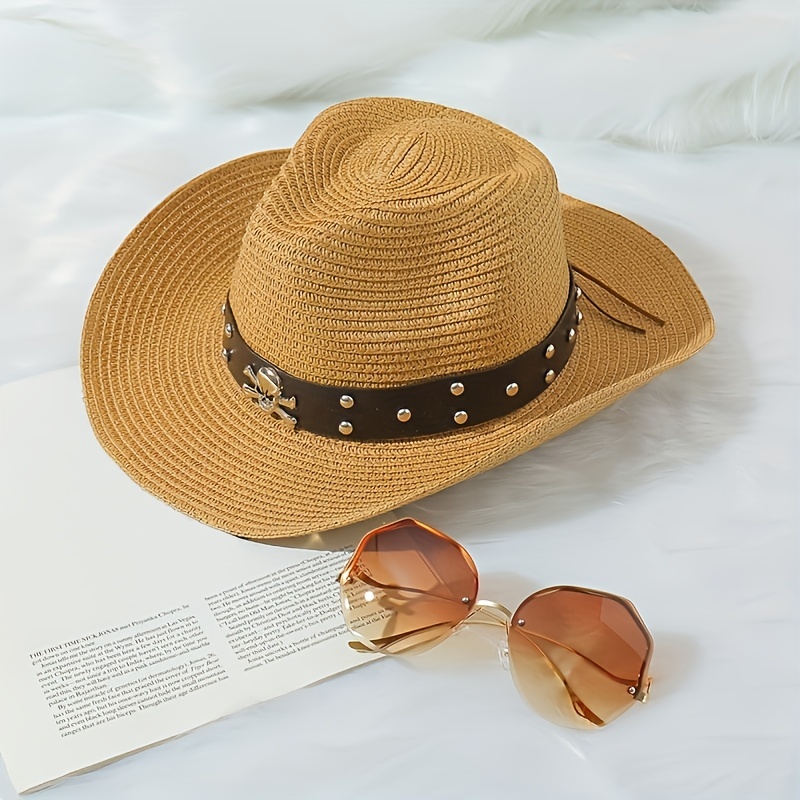 Cowboy Hat & Sunglasses Set Skull Belt Straw Sun Hat