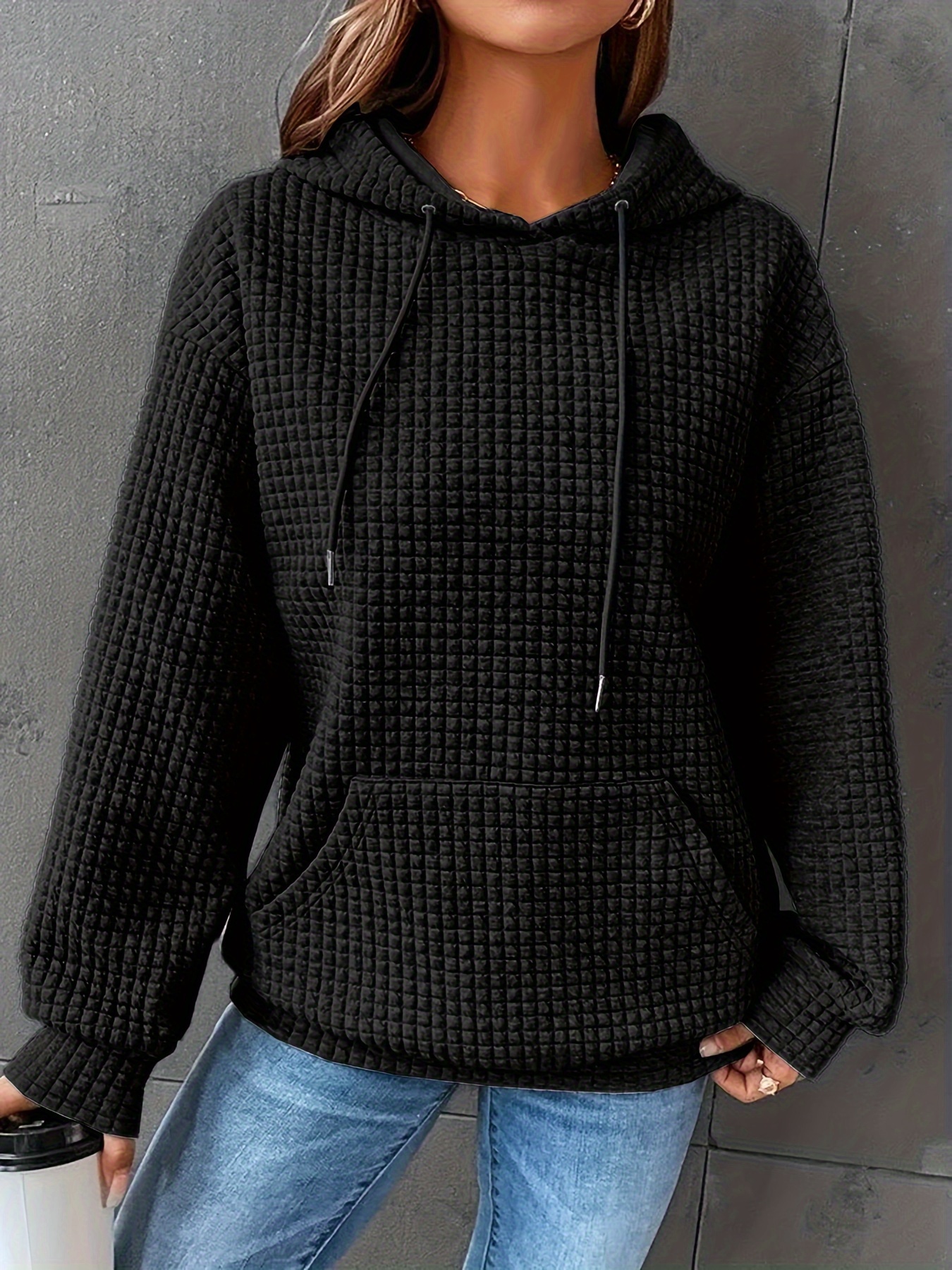 Waffle Grid Kangaroo Pocket Hoodie Casual Long Sleeve - Temu