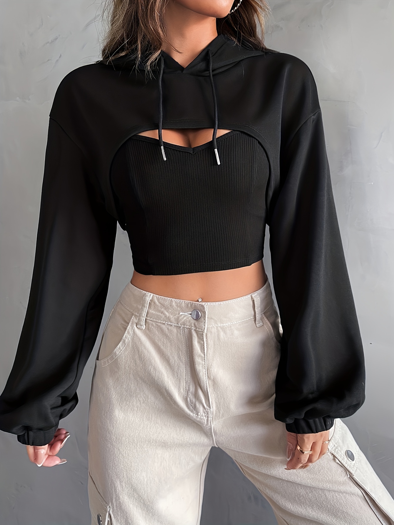 Solid Color Crop Hoodie, Long Sleeve Drop Shoulder Fashion Crop Drawstring  Hooded Sweatshirt, Women's Clothing